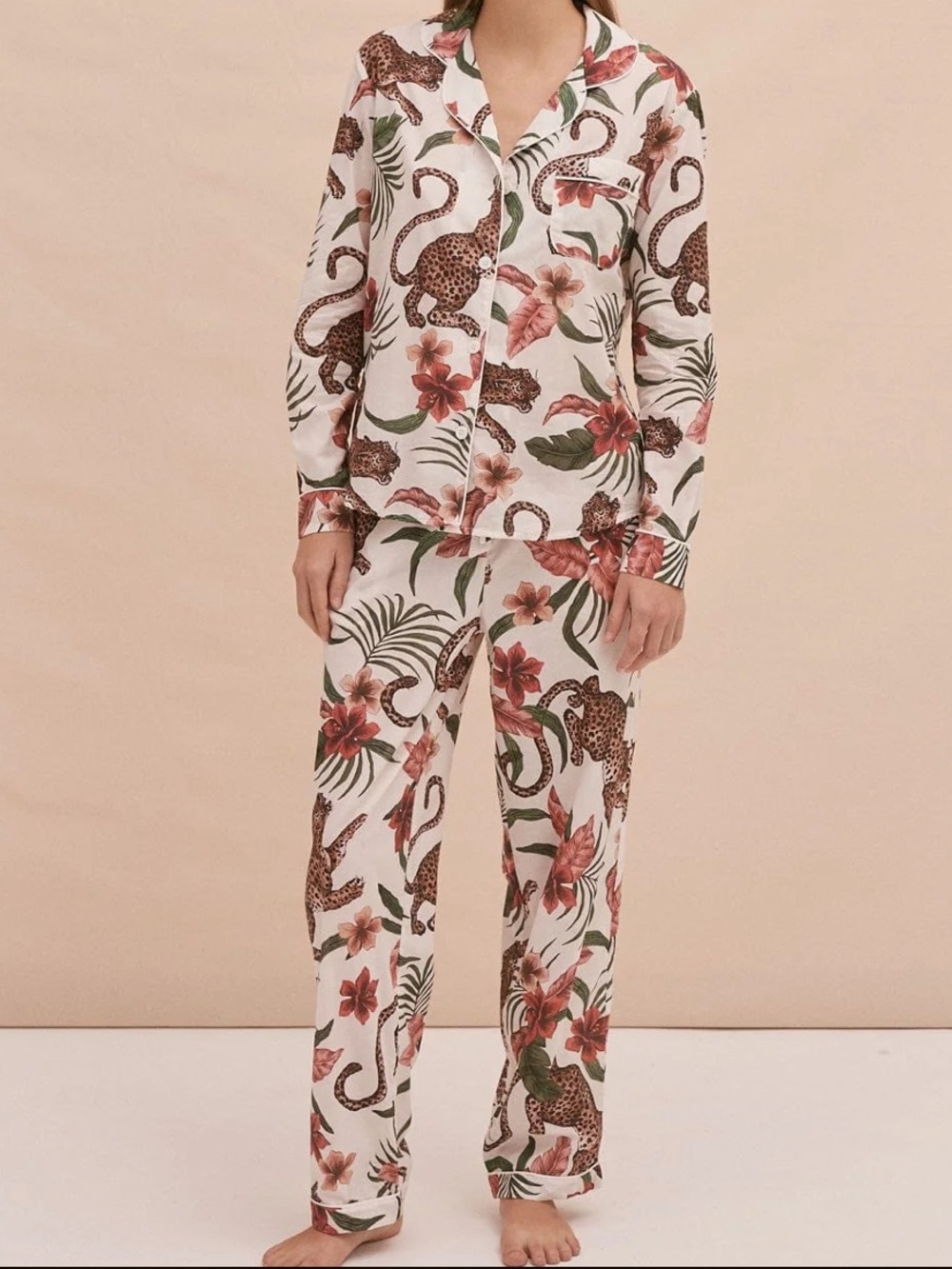 Desmond & Dempsey Soleia Leopard Cream Organic Cotton Pajama Set Size XS
